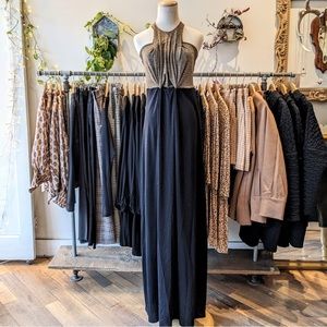 NWT Hericher Beverly Maxi Knit Dress in Shimmery Brown Gold / Black Size Medium